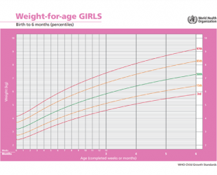 Image of a WHO growth chart for girls aged 0 to 6 months