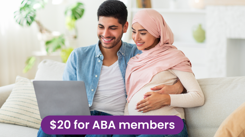 Expectant muslim couple enjoy a breastfeeding education live webinar