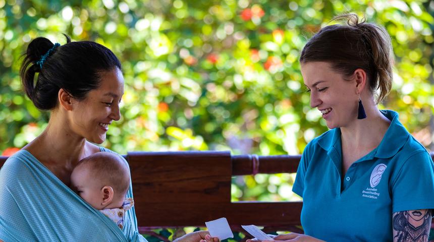 Two women discuss hiring a breast pump