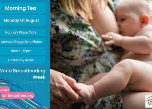Invitation to World Breastfeeding Week Morning Tea containing an image of a mother feeding her baby