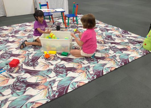 two young girls playing with blocks on a large colourful rug