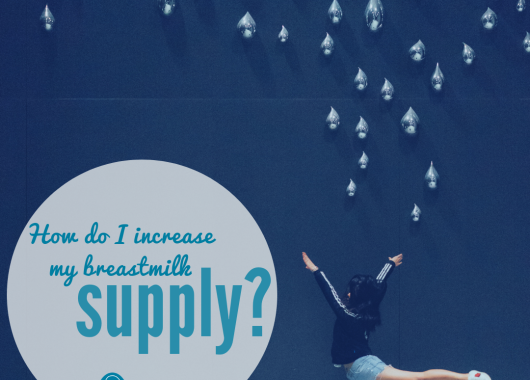 Text says "How do I increase my breastmilk supply?". There is an image of a person leaping with arms high, one leg out straight and one leg bent. The person is wearing a black jumper, denim shorts and white sneakers. Above her are droplets representing milk
