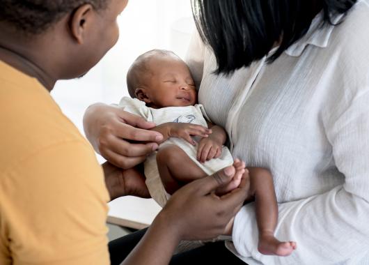 A health professional speaks with mum and baby
