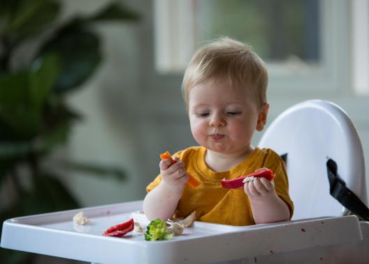Baby eats in high chair