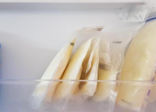 bags of EBM on a freezer shelf