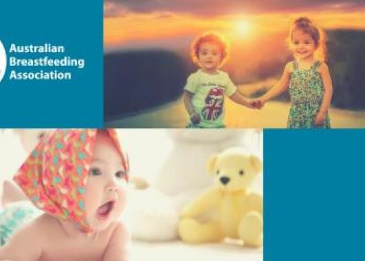 The ABA logo on a teal background, toddlers holding hands, a baby wearing a headscarf doing tummy time  