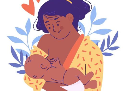 A cartoon image of a woman breastfeeding her baby against a background of blue leaves