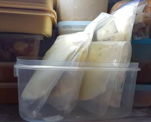 Bags of frozen expressed breastmilk in a full freezer