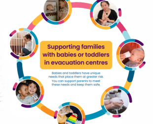 Thumbnail images illustrating how to support babies and toddlers in emergencies