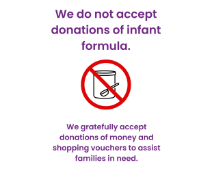 Sign stating 'We do not accept donations of formula' for emergency settings.
