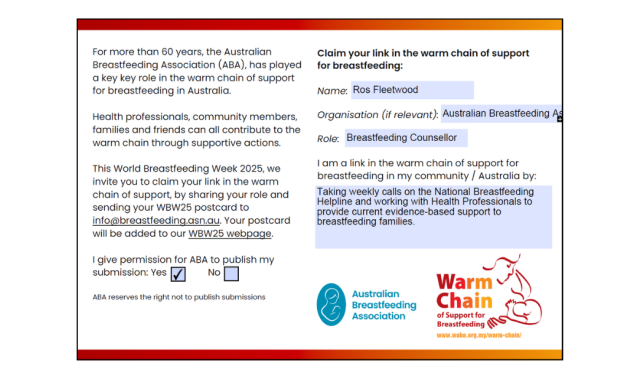 Taking weekly calls on the National Breastfeeding Helpline and working with Health Professionals to provide current evidence-based support to breastfeeding families.